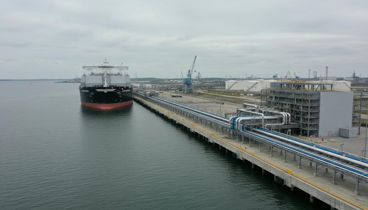 Крупное судно-регазификатор у причала в промышленном порту с сетью газовых труб на фоне залива.