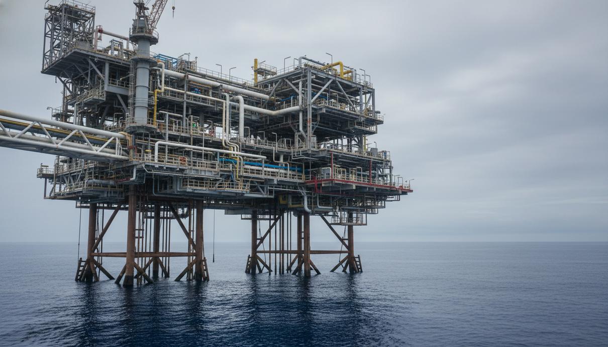Промышленная морская платформа с системой трубопроводов и оборудования для закачки газа на фоне открытого моря.