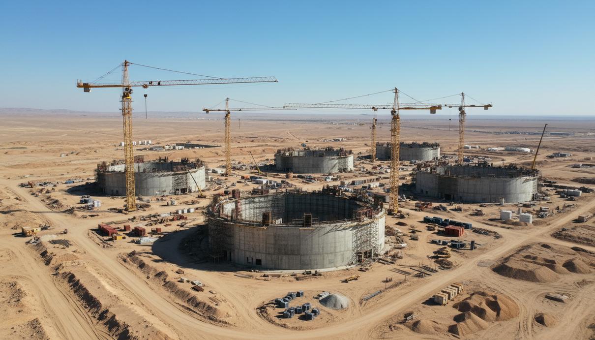 Строительная площадка атомной электростанции в Узбекистане с бетонным фундаментом и башенными кранами