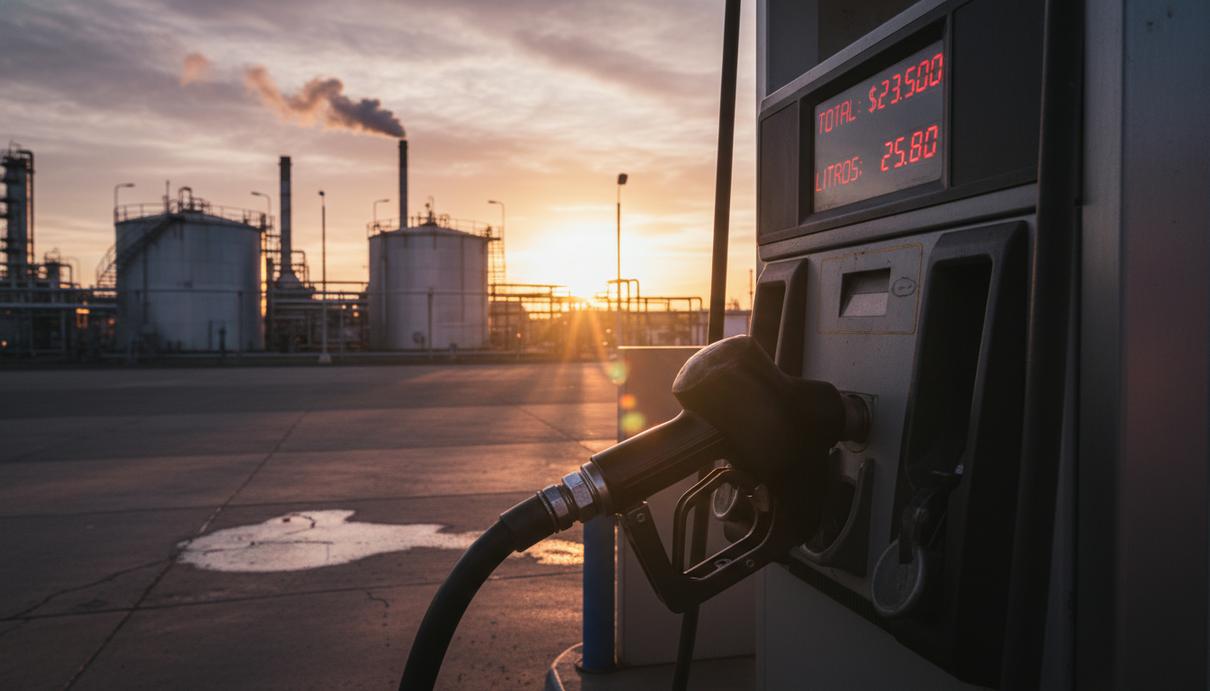 Заправочный пистолет на АЗС и электронное табло с ценами на бензин и дизельное топливо в Чили