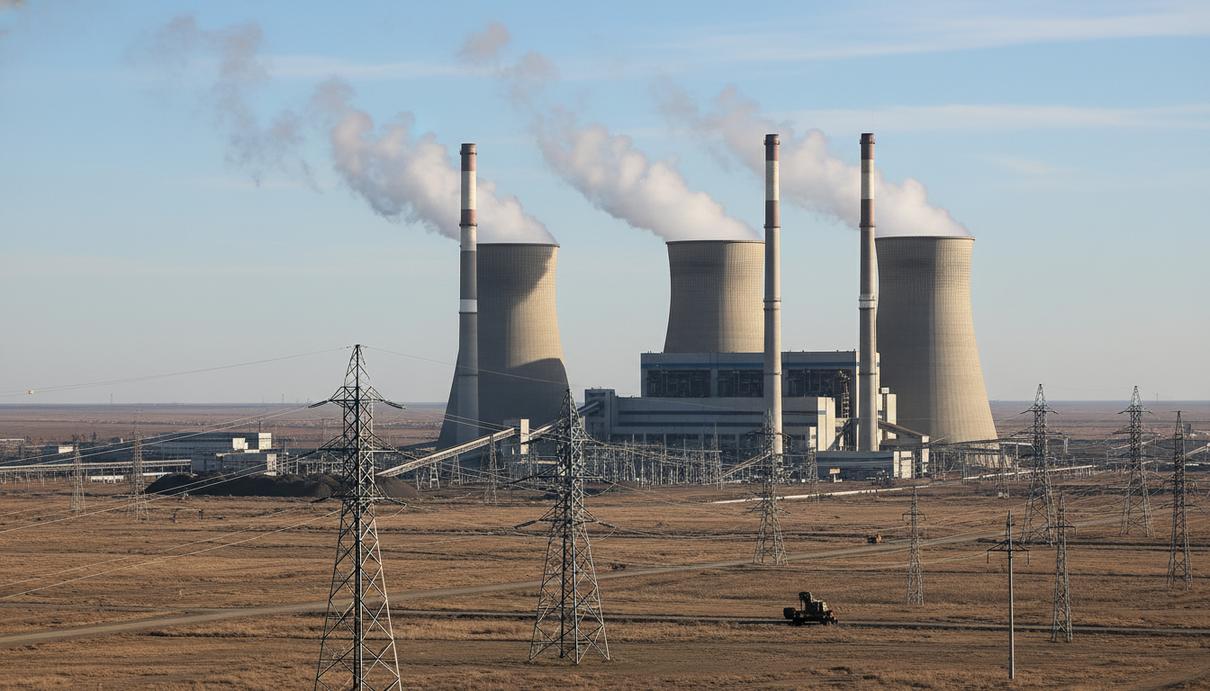 Угольная электростанция с массивными градирнями и линиями электропередачи на открытой местности.
