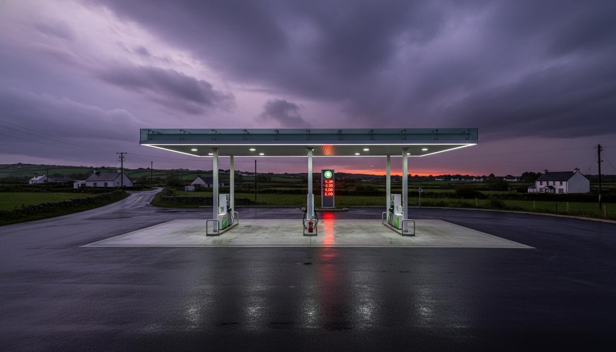 Цифровое табло на автозаправочной станции с ценами на бензин на фоне вечернего неба