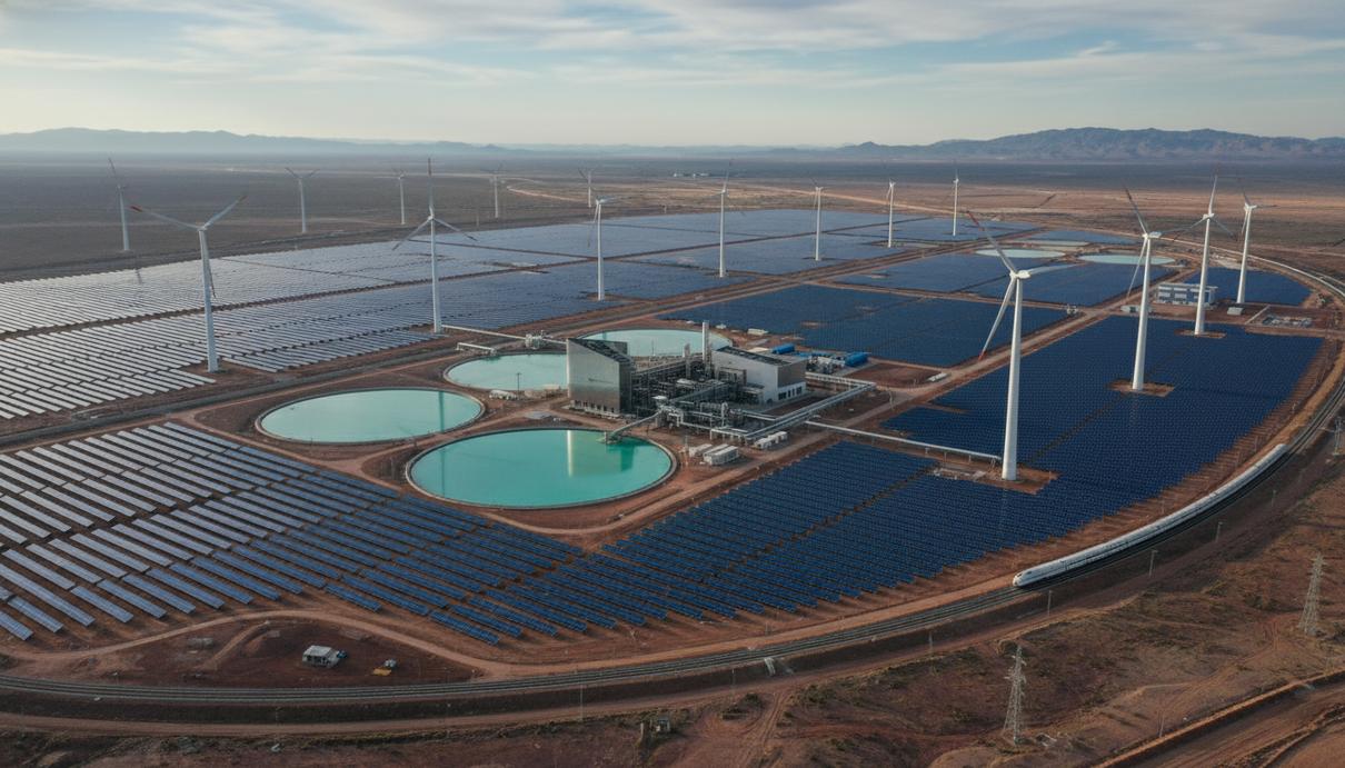 Вид сверху на промышленный парк с солнечными батареями, ветряными турбинами и заводом по переработке лития