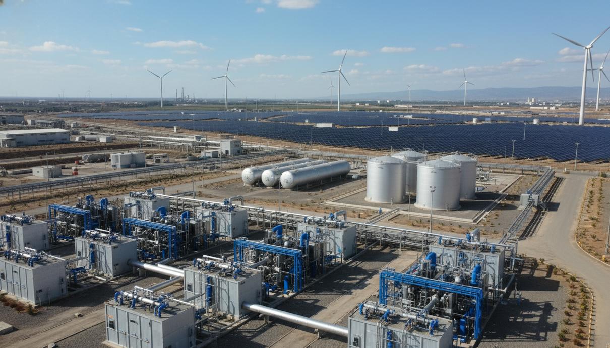 Промышленный комплекс по производству водорода с электролизерами и резервуарами на фоне солнечных батарей