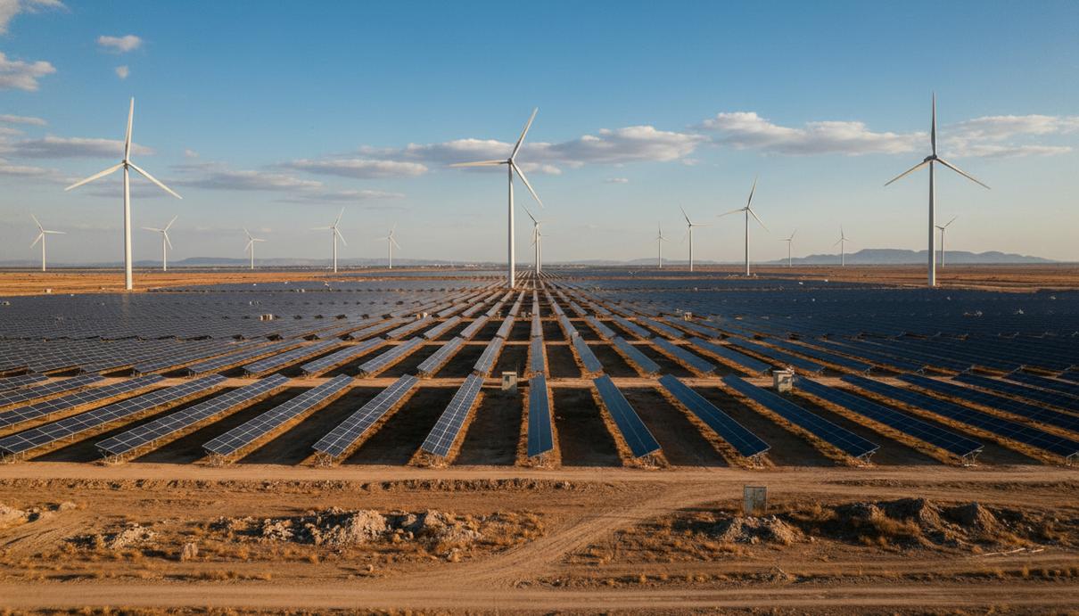 Ряды солнечных панелей и высокие ветровые турбины на фоне открытого ландшафта в Индии.