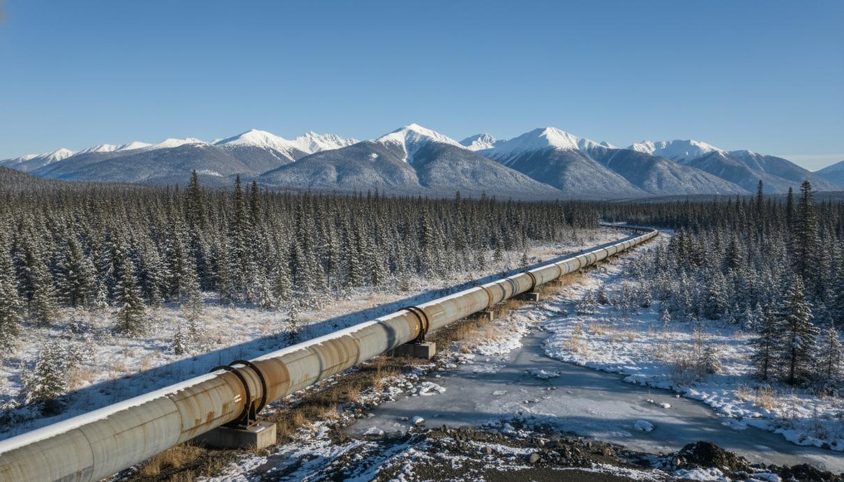 Магистральный газопровод из стальных труб на фоне хвойного леса и заснеженных гор в Британской Колумбии