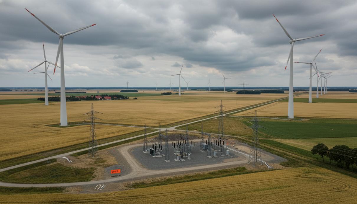 Современные ветрогенераторы на фоне поля и облачного неба в сельской местности Германии