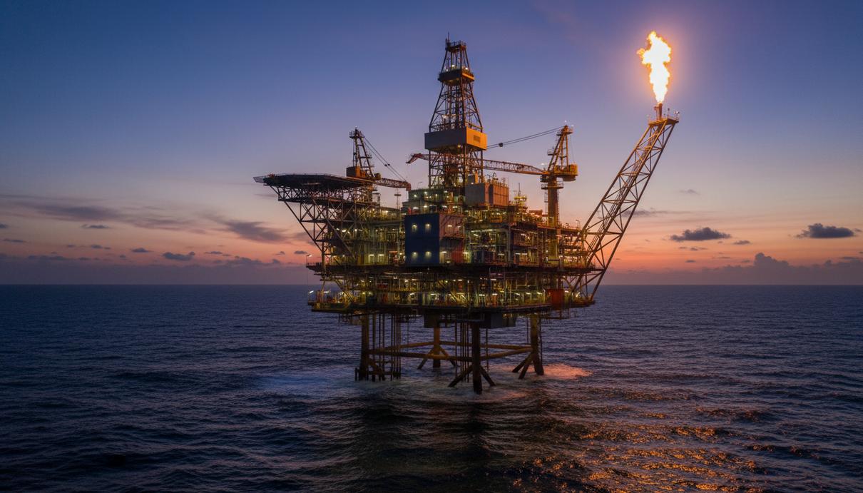 Промышленная морская нефтедобывающая платформа в открытом море под вечерним небом