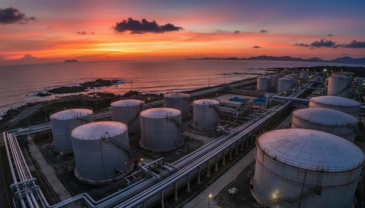 Промышленные резервуары для хранения топлива и трубопроводы на фоне вечернего неба на побережье
