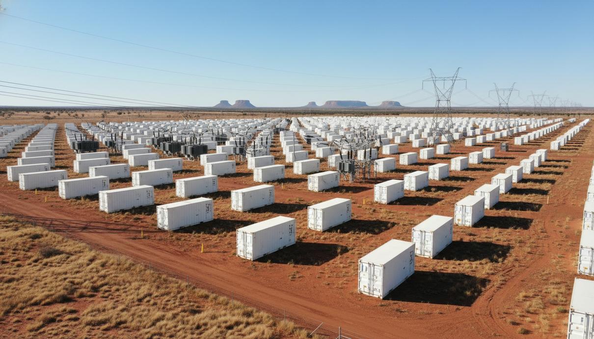 Ряды белых контейнеров промышленной системы накопления энергии на открытой площадке в Австралии.