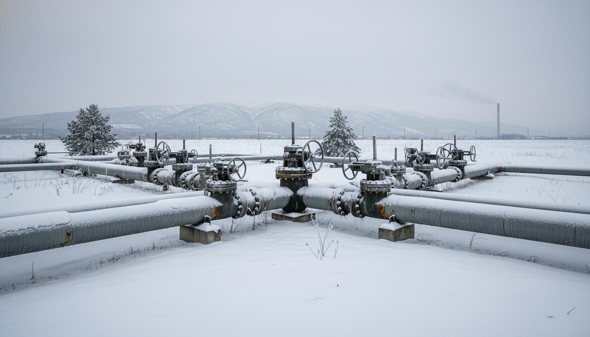 Крупный узел магистрального трубопровода с запорной арматурой на фоне зимнего ландшафта