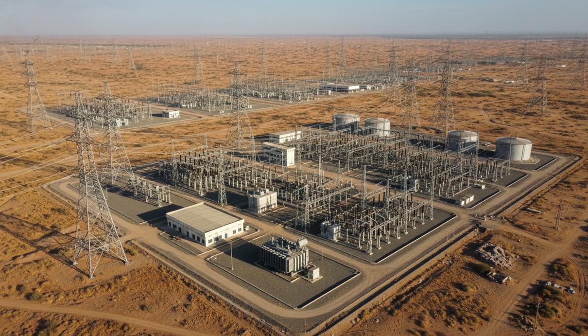 Электрическая подстанция и опоры высоковольтных линий в пустынной местности штата Раджастхан в Индии