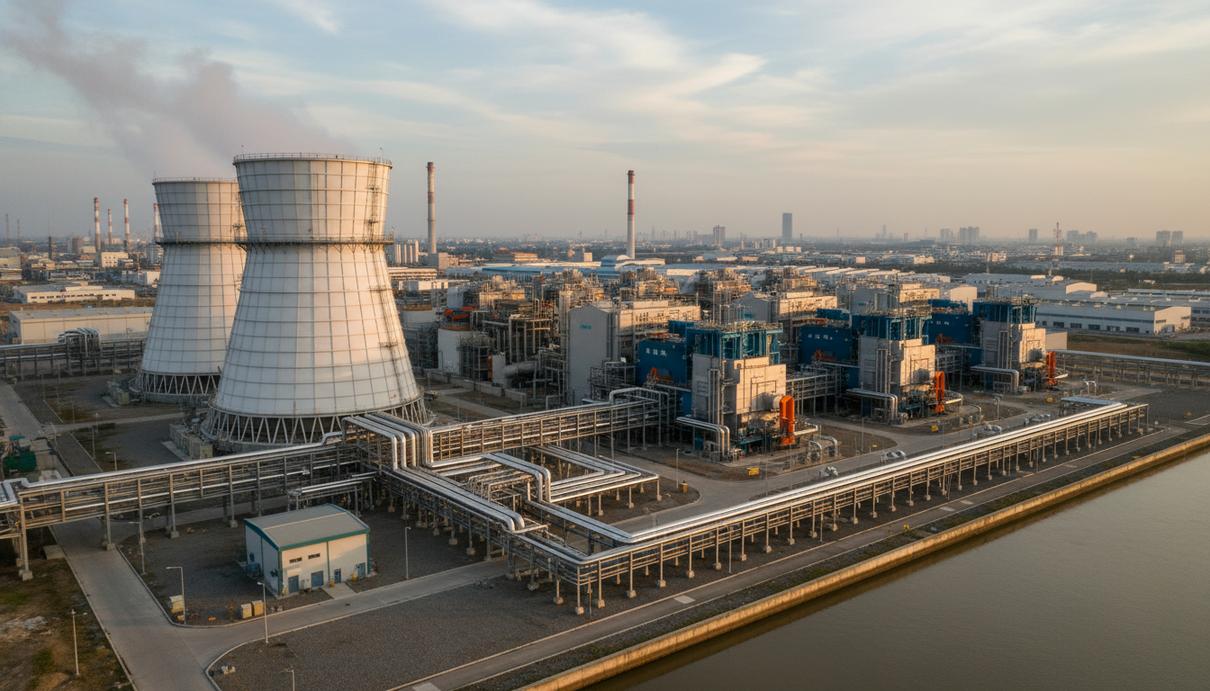 Промышленный комплекс электростанции с газовыми турбинами и сетью трубопроводов на фоне неба