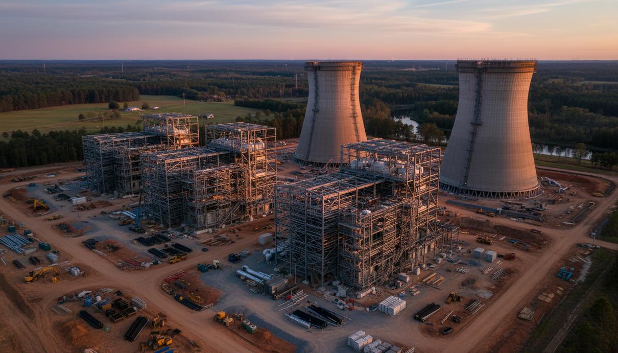 Строительная площадка современной парогазовой электростанции с промышленными корпусами и трубами