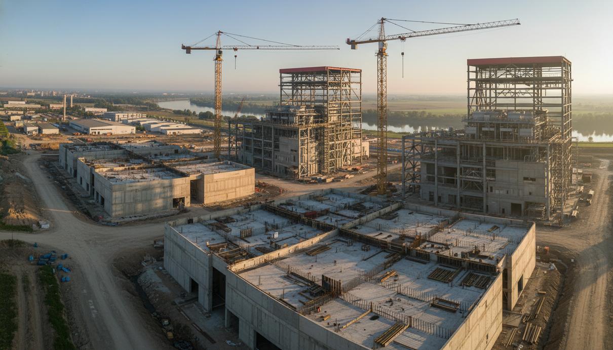 Строительная площадка парогазовой электростанции в Тисайвароше с бетонными фундаментами и кранами