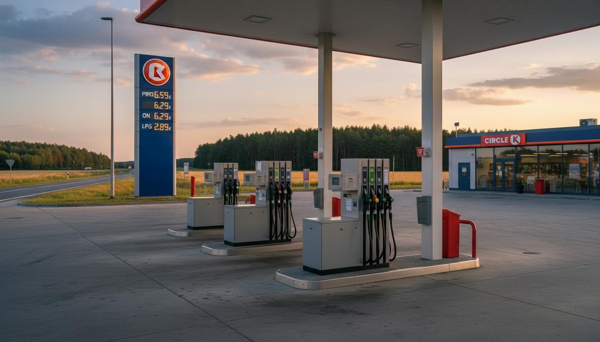 Автозаправочная станция с электронным табло цен на бензин и топливными колонками