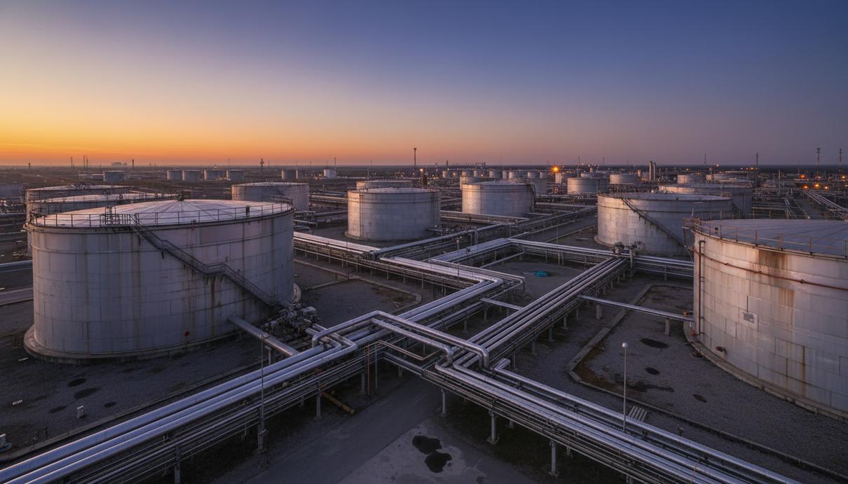 Промышленные нефтяные резервуары и трубопроводная система на территории терминала в сумерках.