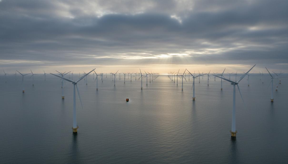Морские ветряные турбины в открытом море на фоне облачного неба в пасмурную погоду