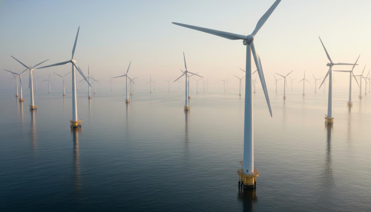 Ветряные электростанции в открытом море на фоне туманного горизонта
