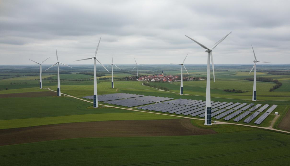 Белые ветрогенераторы и солнечные панели на зеленом поле в сельской местности под облачным небом