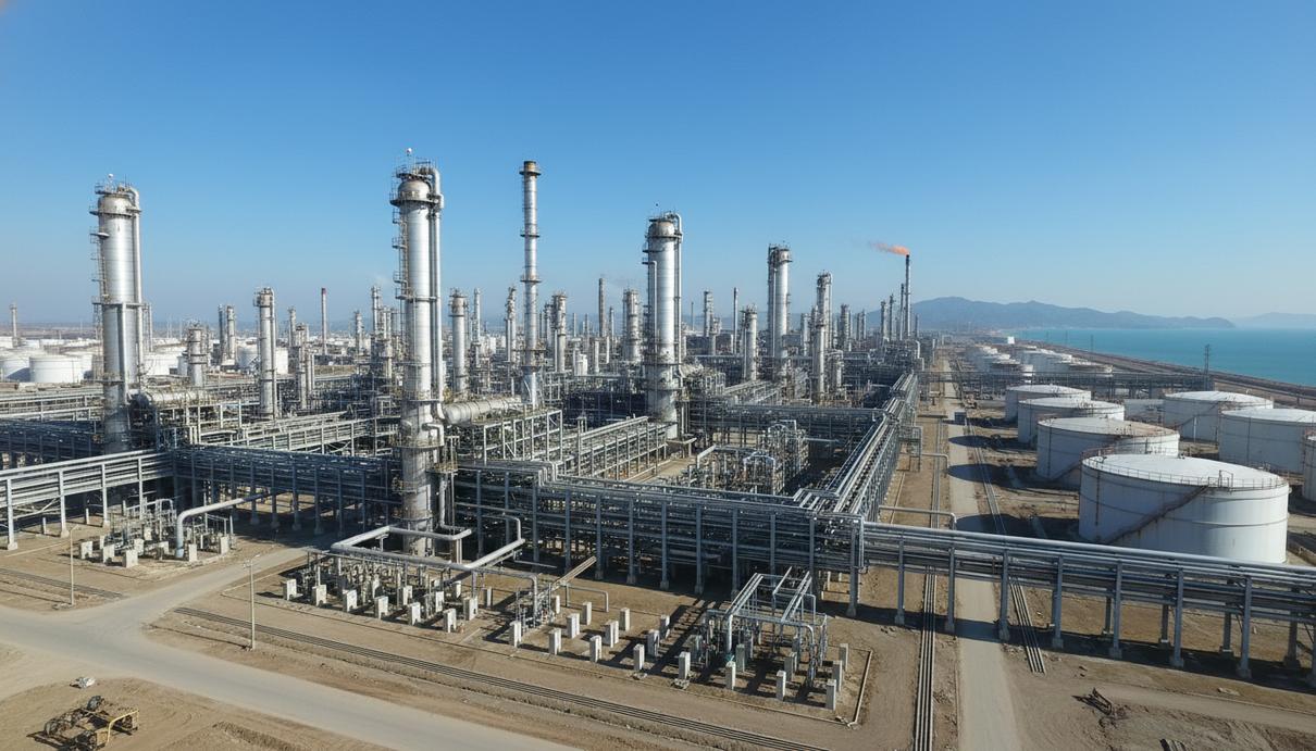 Вид на нефтеперерабатывающий завод с высокими промышленными колоннами и сложной системой трубопроводов.
