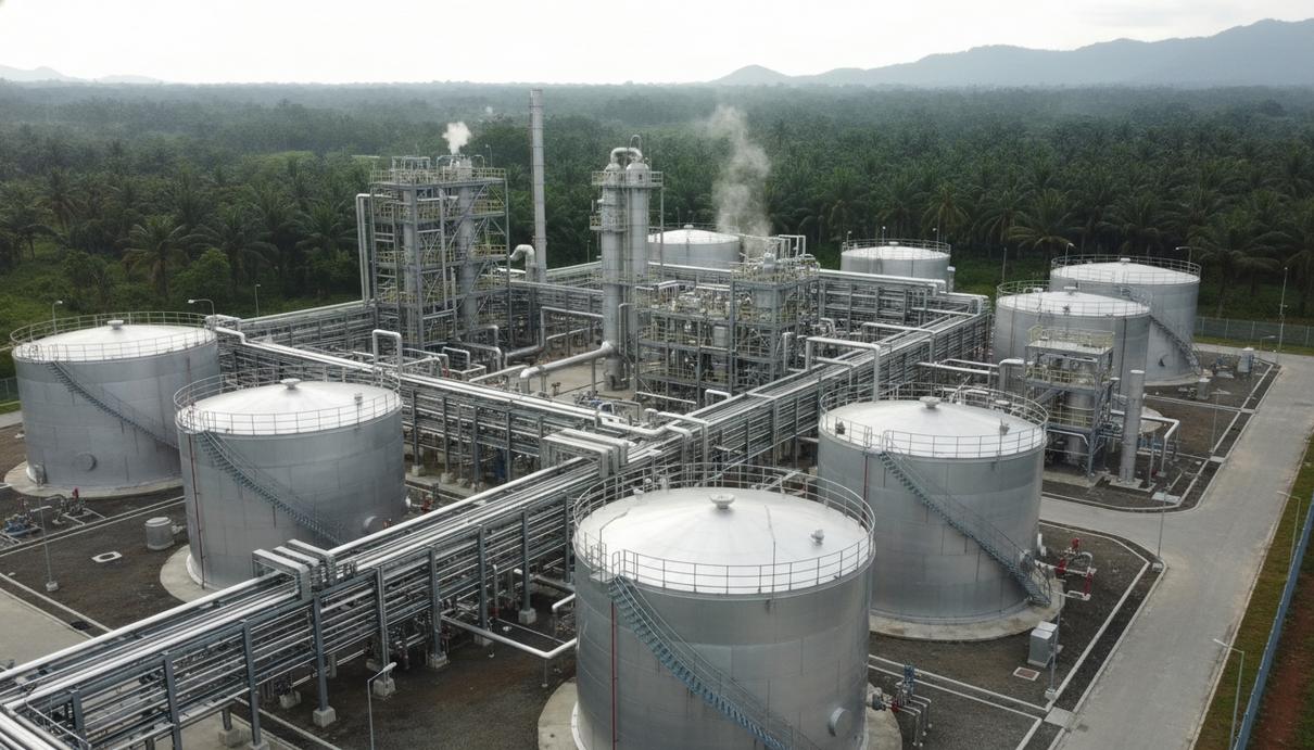 Промышленное предприятие по производству биодизеля с резервуарами и трубами в тропической местности