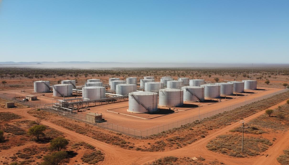 Ряд крупных серебристых резервуаров для хранения топлива на нефтебазе в засушливой местности Австралии