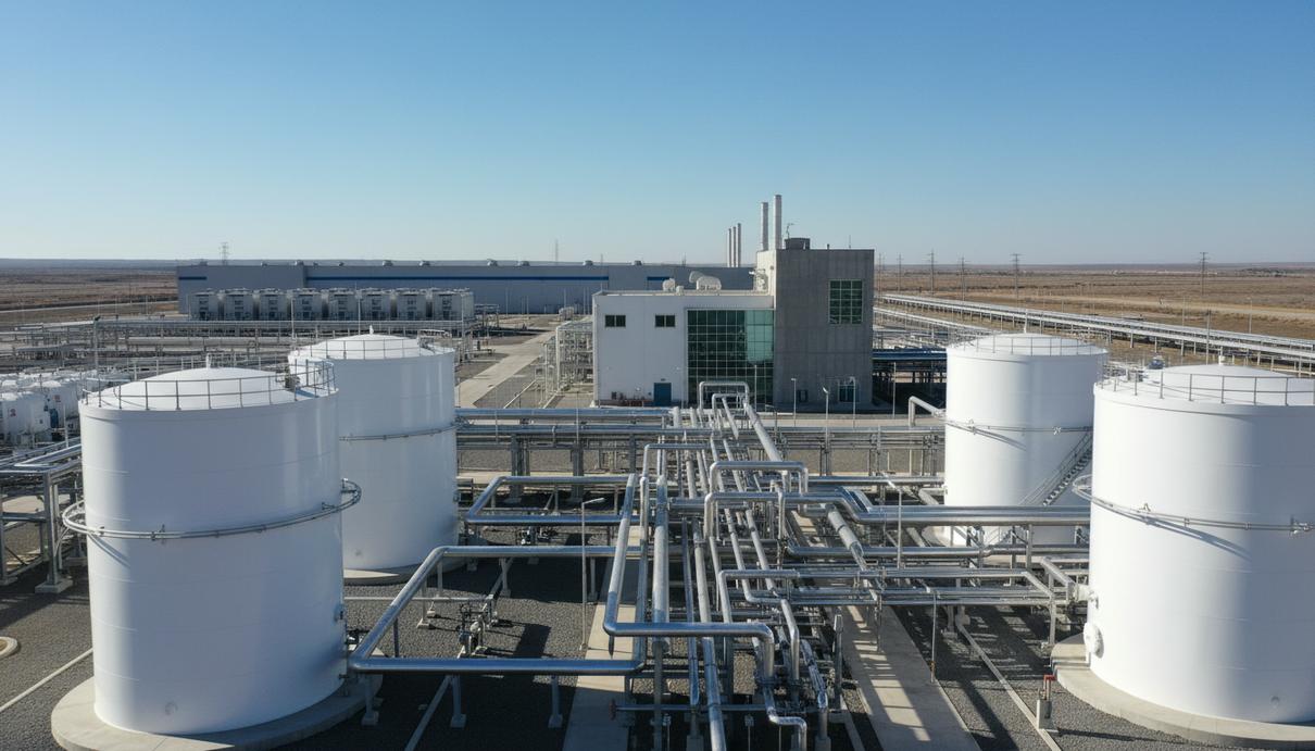 Промышленная площадка водородного завода с белыми цилиндрическими цистернами и сетью труб