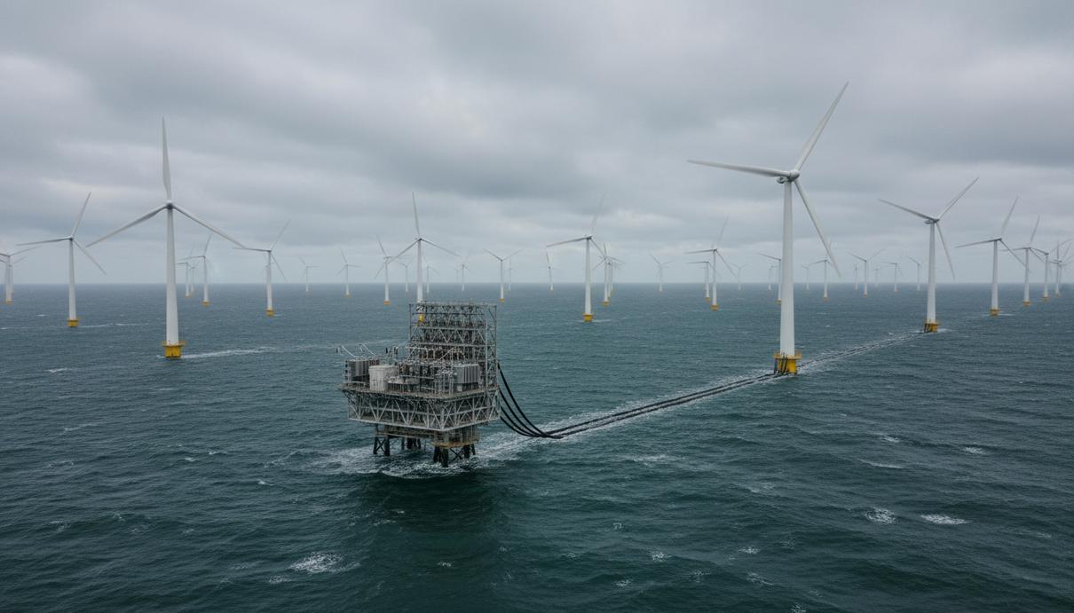Морская ветряная электростанция в открытом море с рядами турбин и распределительной платформой