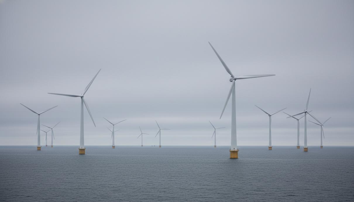 Группа морских ветрогенераторов у побережья Англии на фоне серого неба и спокойного моря