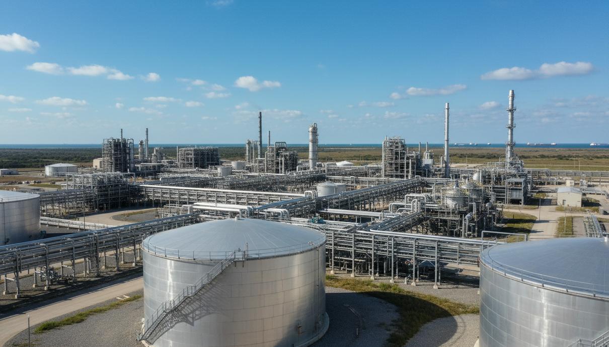 Индустриальный пейзаж завода по производству сжиженного газа с трубопроводами и стальными емкостями.