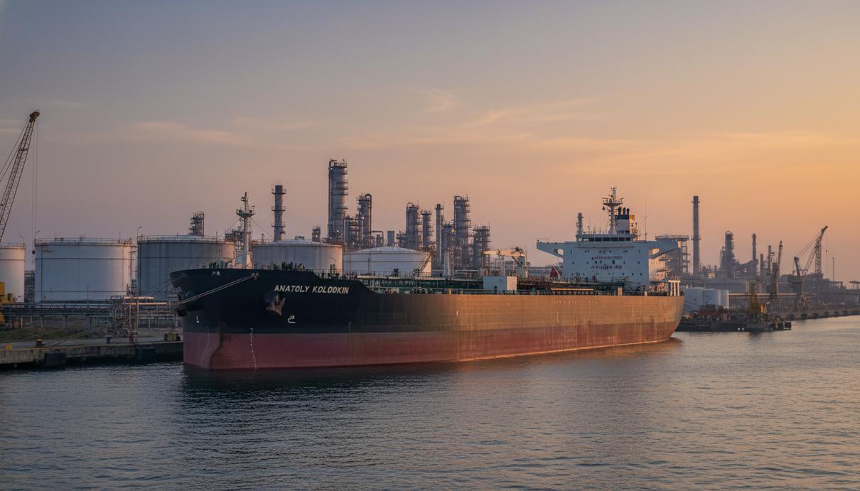 Российский нефтяной танкер у причала в порту Матансас на фоне промышленных резервуаров.