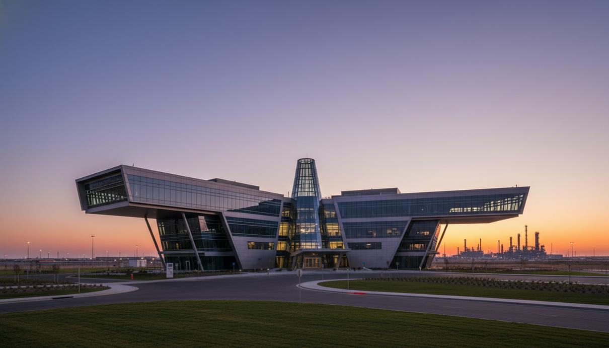 Современное офисное здание из стекла и стали на фоне вечернего неба и силуэтов промышленных объектов