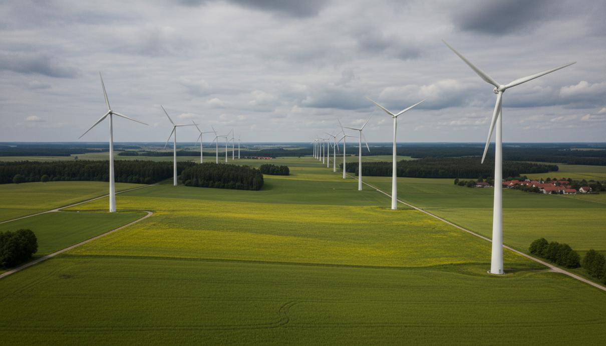 Современные ветряные турбины на сельскохозяйственных полях Германии под пасмурным небом