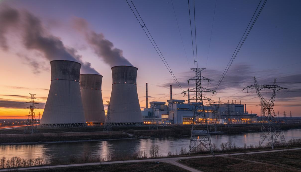 Вид на атомную электростанцию с градирнями и линиями электропередач на фоне вечернего неба