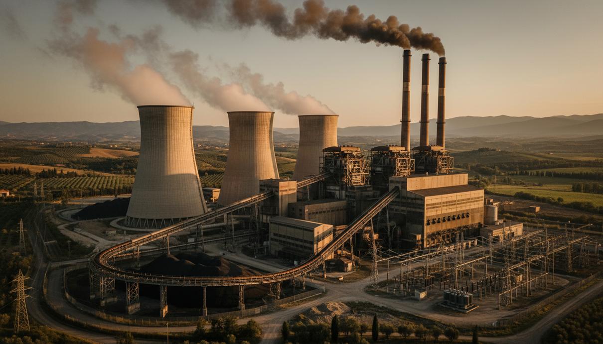 Промышленная площадка с угольной электростанцией, дымящими трубами и металлическими конструкциями.