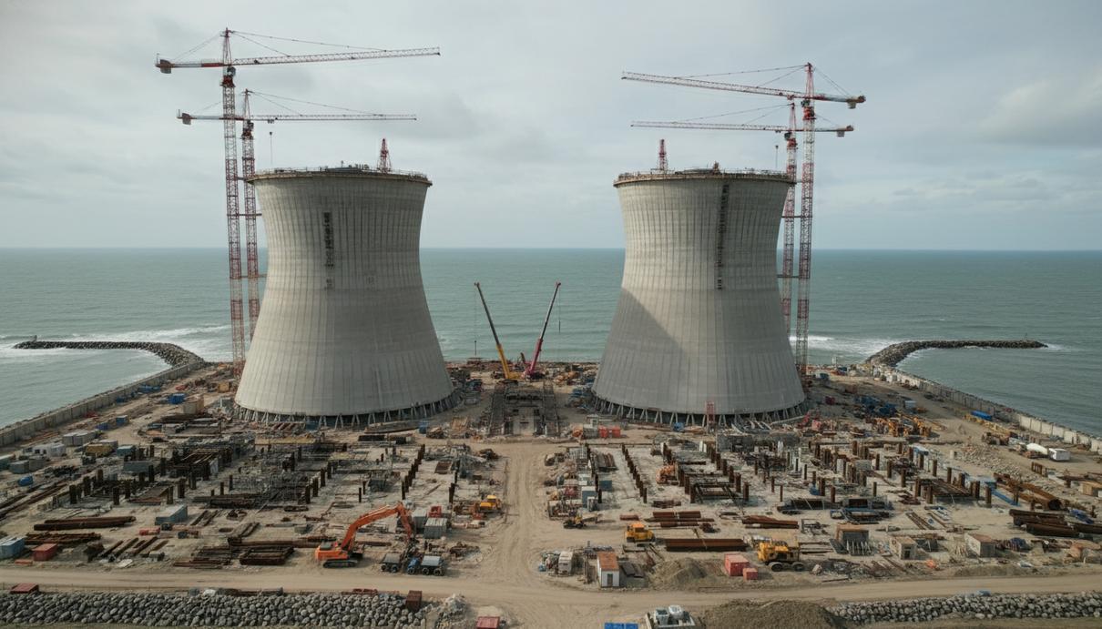 Строительная площадка атомной электростанции на морском побережье с кранами и бетонными блоками
