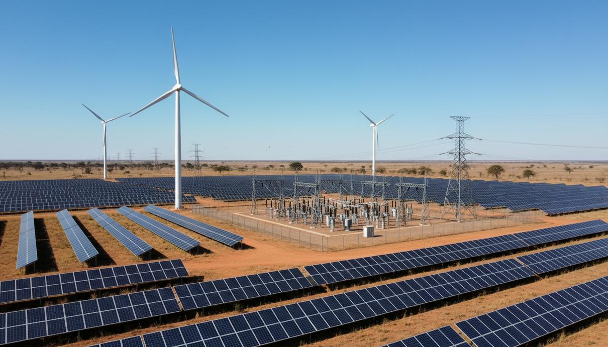 Солнечные батареи и ветряные генераторы гибридной электростанции в саванне Замбии