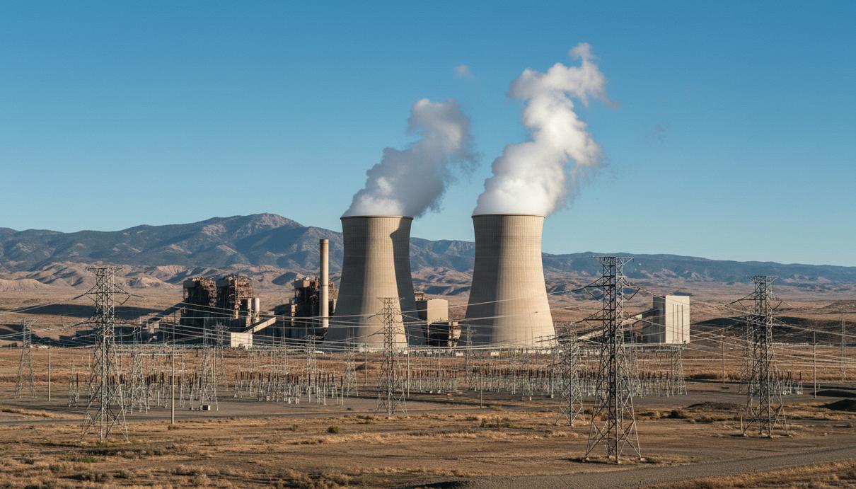 Индустриальный пейзаж с угольной электростанцией, линиями электропередачи и горами на горизонте