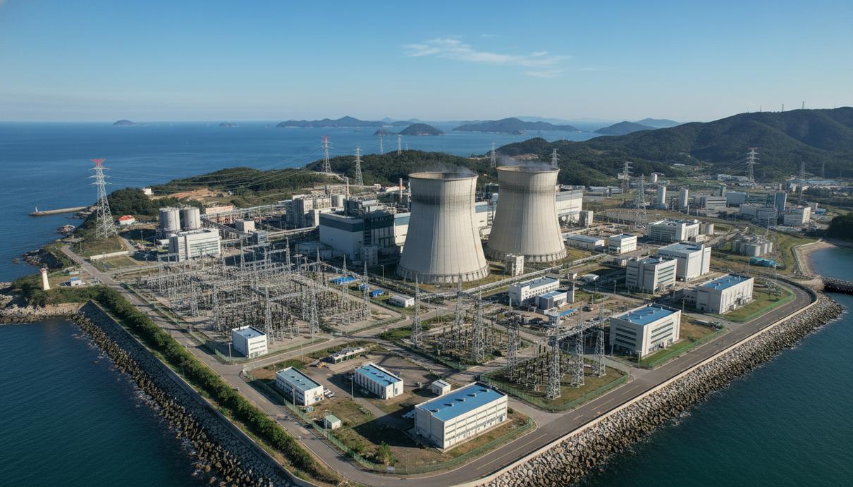 Вид на промышленные корпуса и купольные строения атомной электростанции в Южной Корее на фоне неба