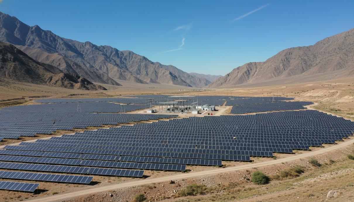 Ряды солнечных панелей на фоне засушливого горного пейзажа в Хатлонской области Таджикистана