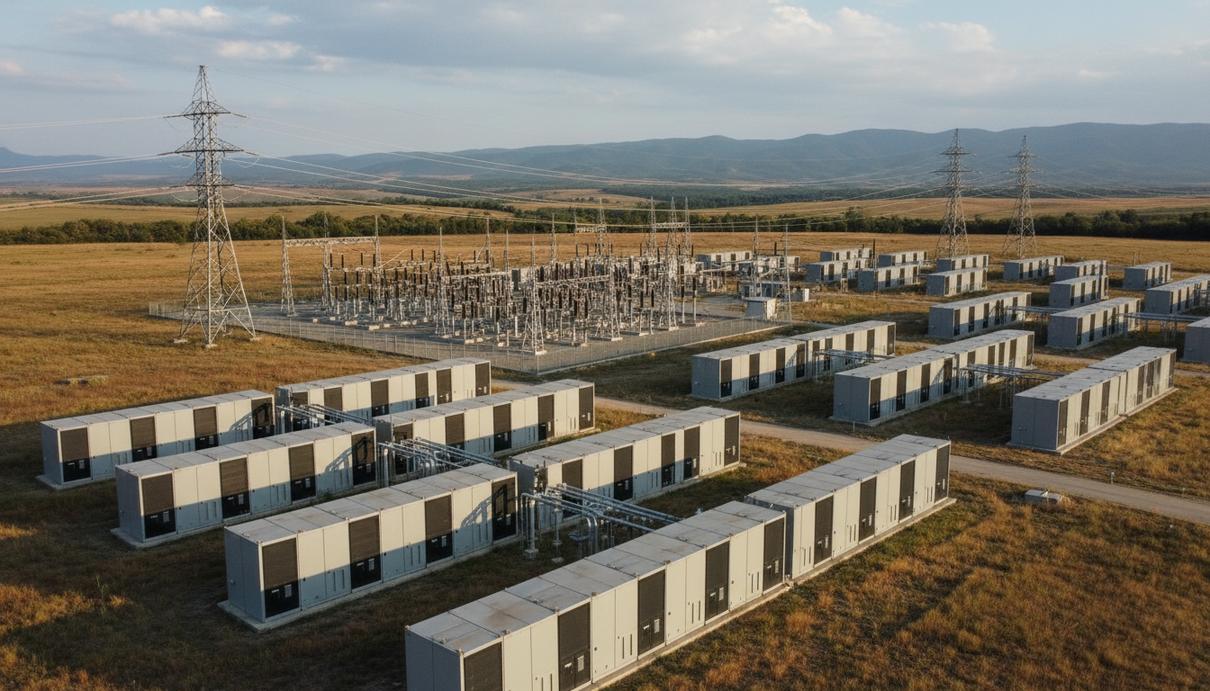 Ряды промышленных контейнеров системы хранения энергии и линии электропередач на фоне открытой местности