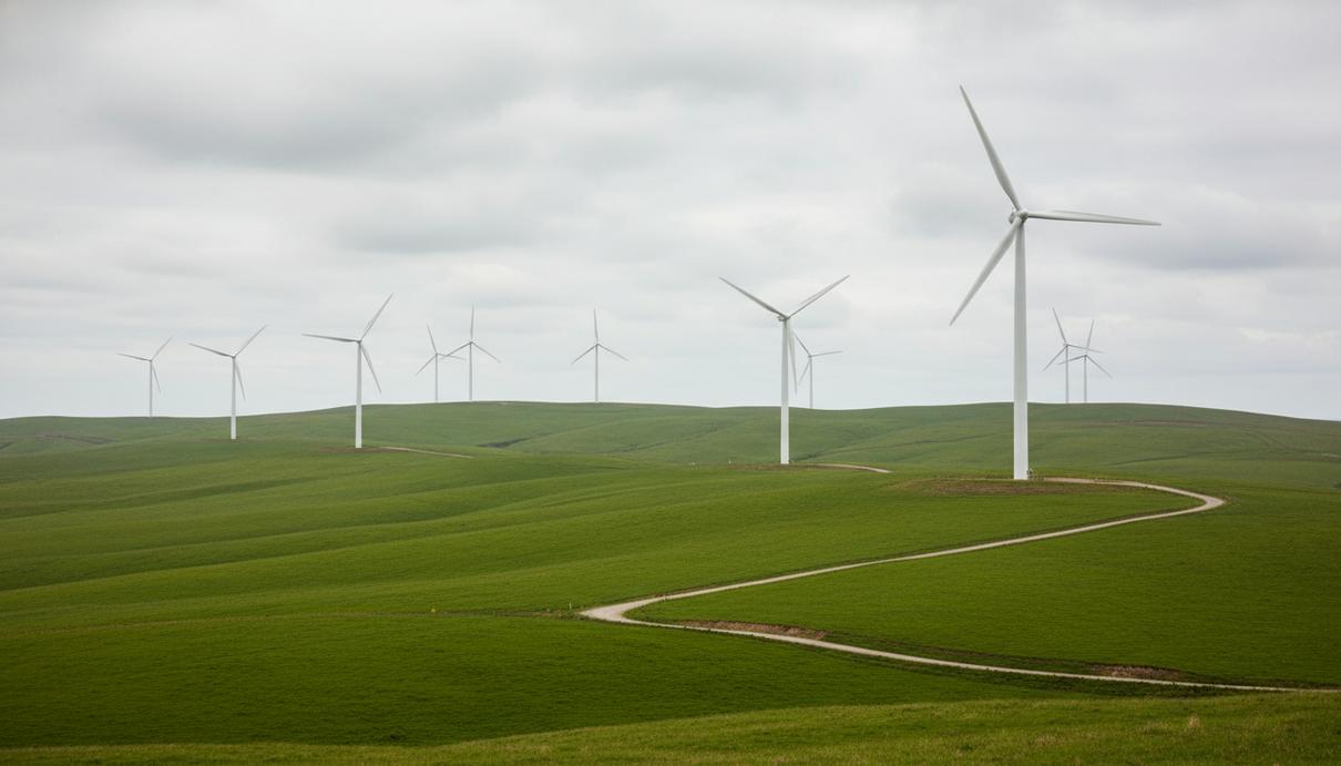 Белые ветряные турбины на фоне зеленых холмов и облачного неба в Новой Зеландии