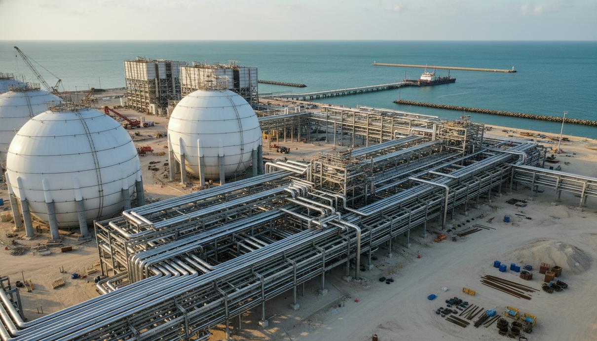 Промышленный терминал для сжижения природного газа с трубами и стальными резервуарами в морском порту.