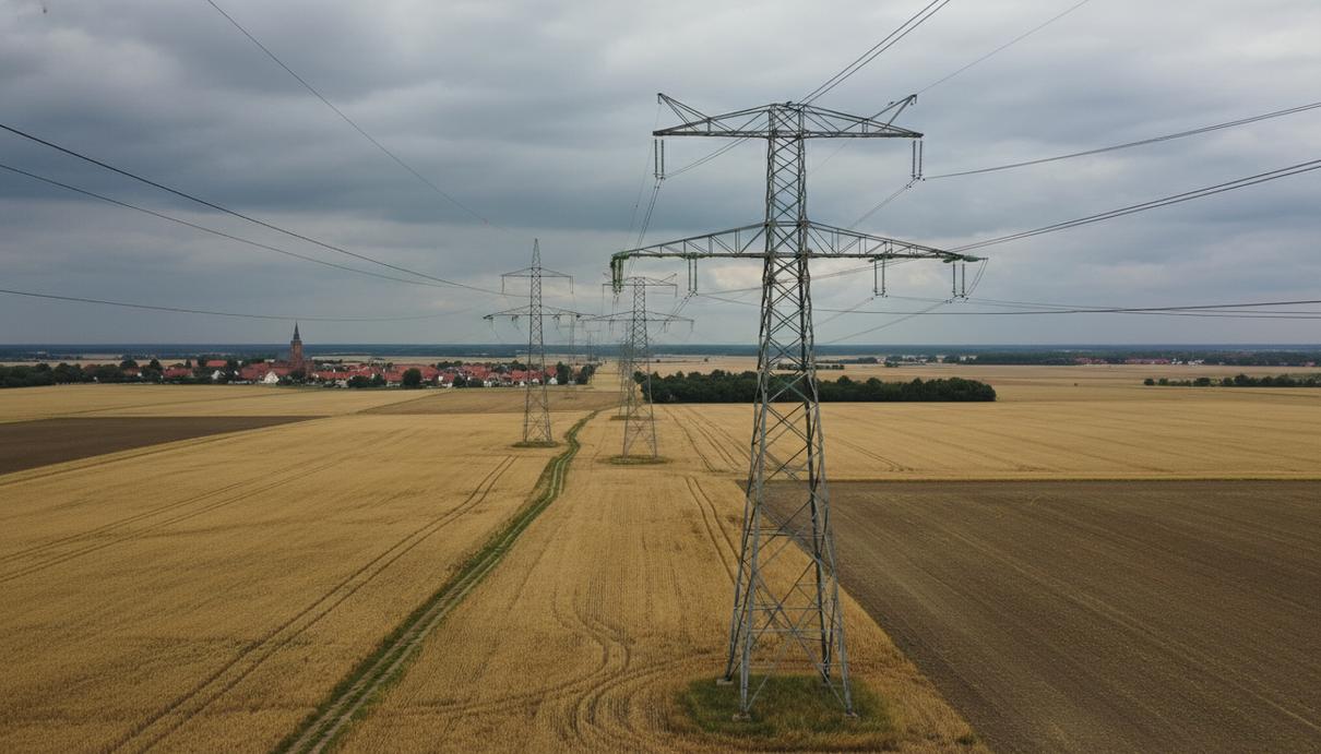 Высоковольтные линии электропередачи и опоры на фоне облачного неба в сельской местности Германии