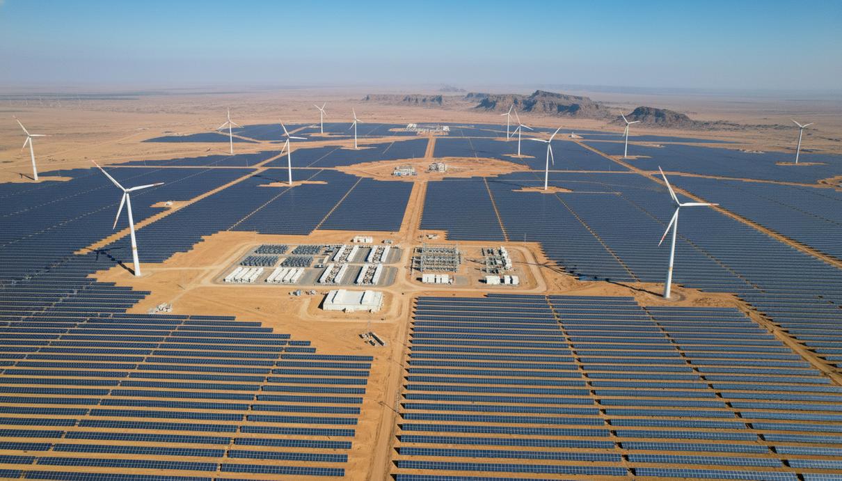 Adani Green Energy увеличила портфель возобновляемой энергетики до 19,3 ГВт Масштабный парк солнечных панелей и ветряных турбин в пустынной местности под чистым небом