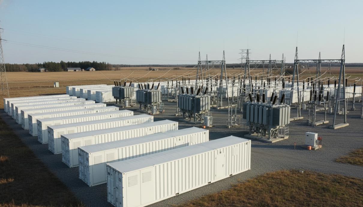 Ряды белых контейнеров промышленной системы хранения электроэнергии и трансформаторы в поле в Онтарио