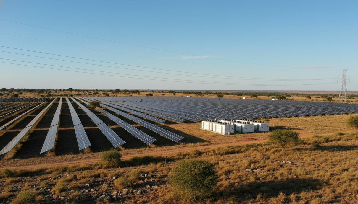 Ряды солнечных панелей и блоки аккумуляторных систем в саванне Замбии на фоне ясного неба