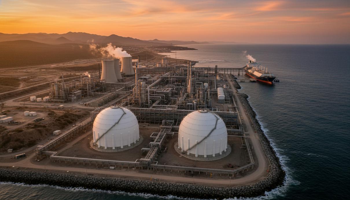 Вид на промышленный терминал для сжижения газа и резервуары на побережье мексиканского штата Сонора