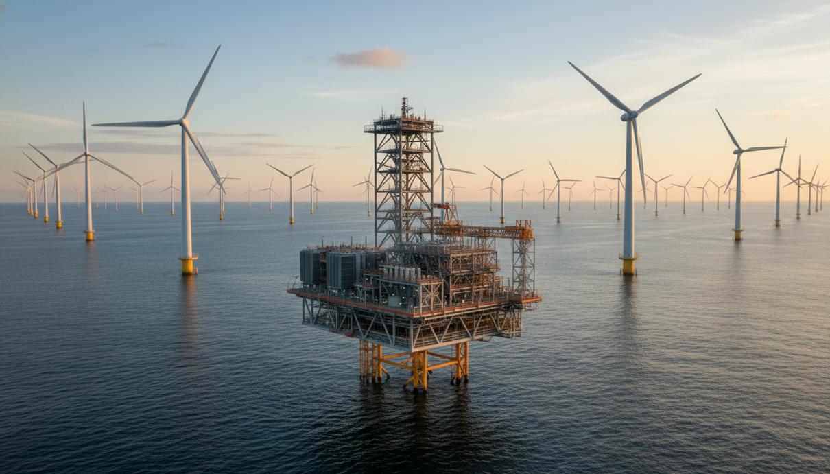 Морская энергетическая подстанция и ветрогенераторы в открытом море под ясным небом